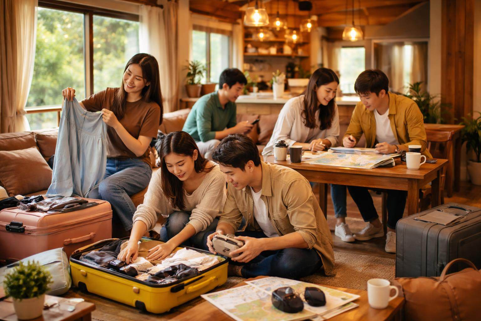 示意圖顯示朋友們在包棟民宿內準備行李與協調旅行計劃的情景